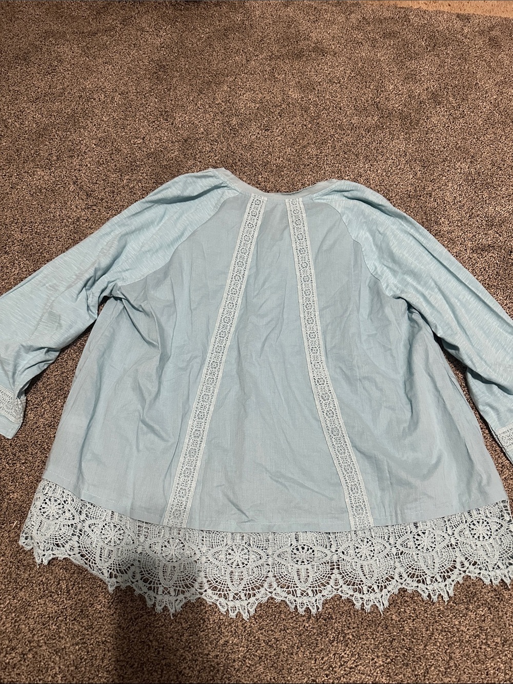 LOGO LAVISH Light Blue Lace-Trim Button Front Blouse 100% COTTON SZ L - Picture 6 of 9